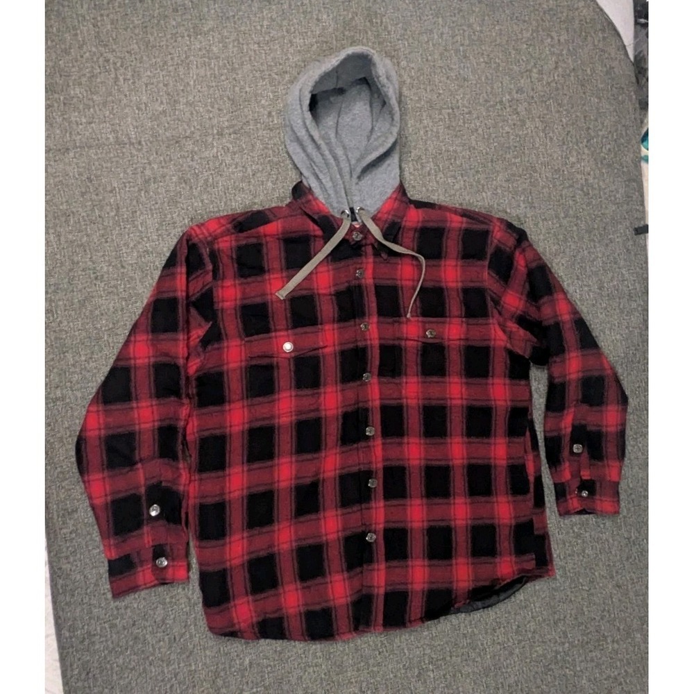 Vtg Craftsman Hooded Flannel Jacket Men's Large Plaid Chore Grunge Snap Hoodie